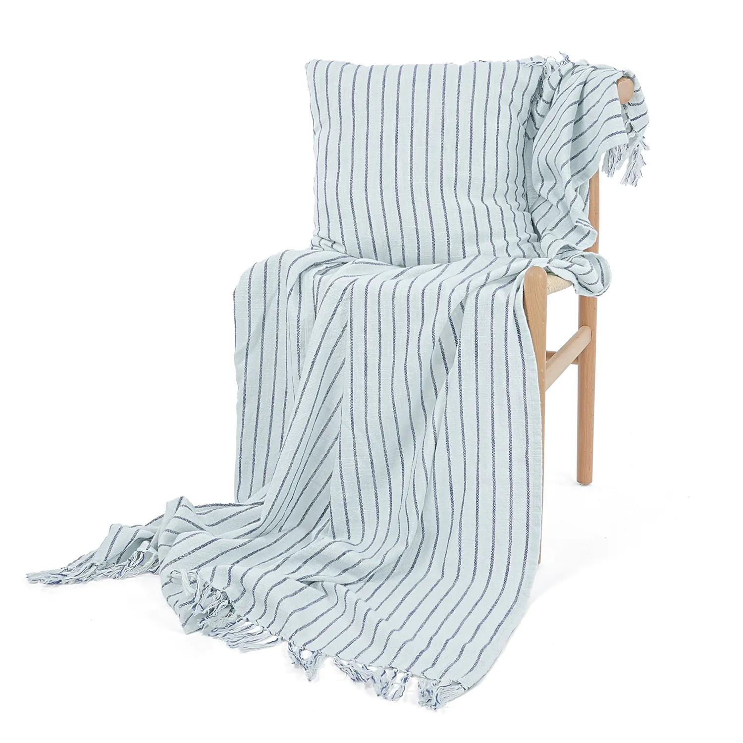 Koce - Rumi stripe cotton throw (jasnoniebieski/granatowy/kremowy)