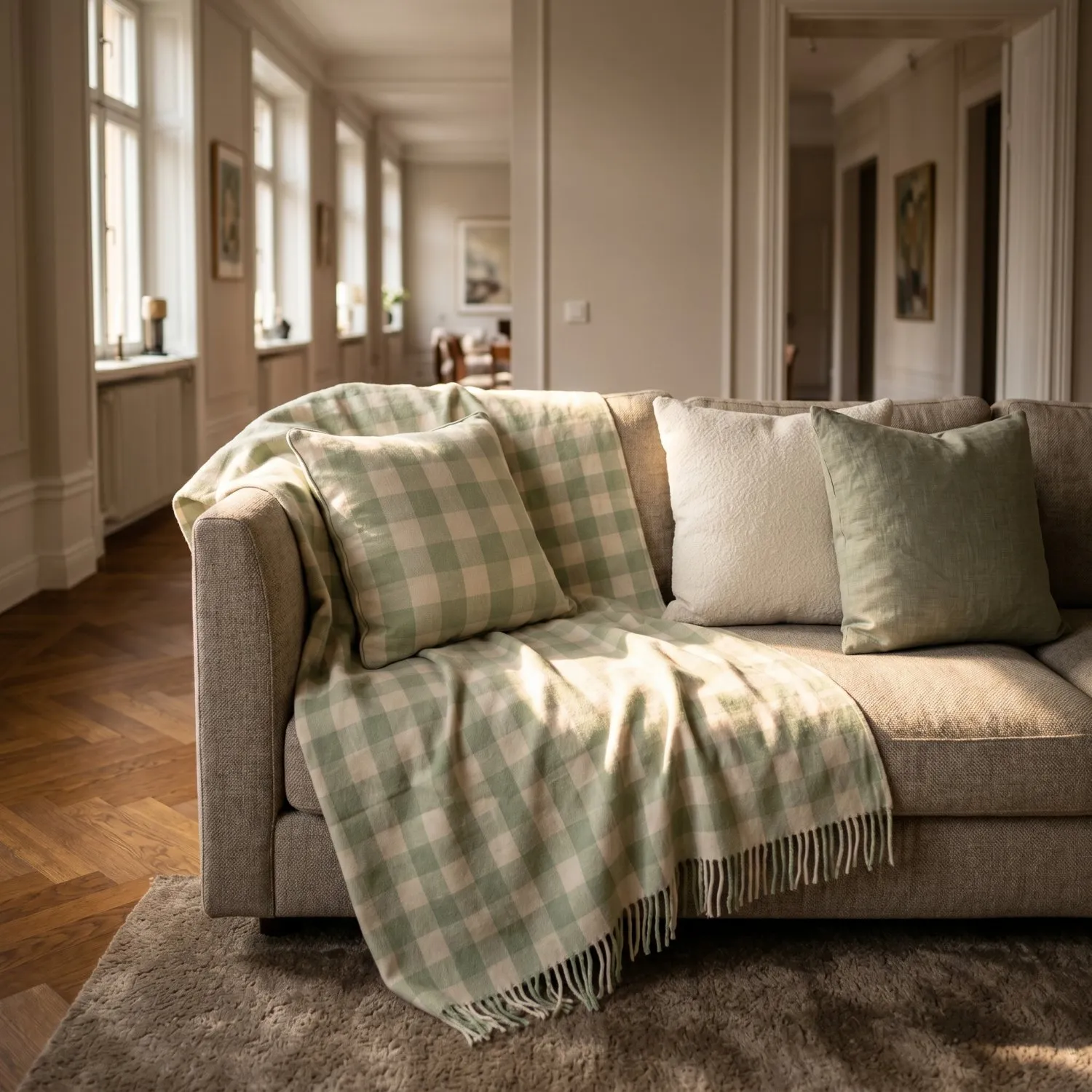 Poszewka na poduszke - Isela check cotton cushion cover (kremowy/jasnozielony)