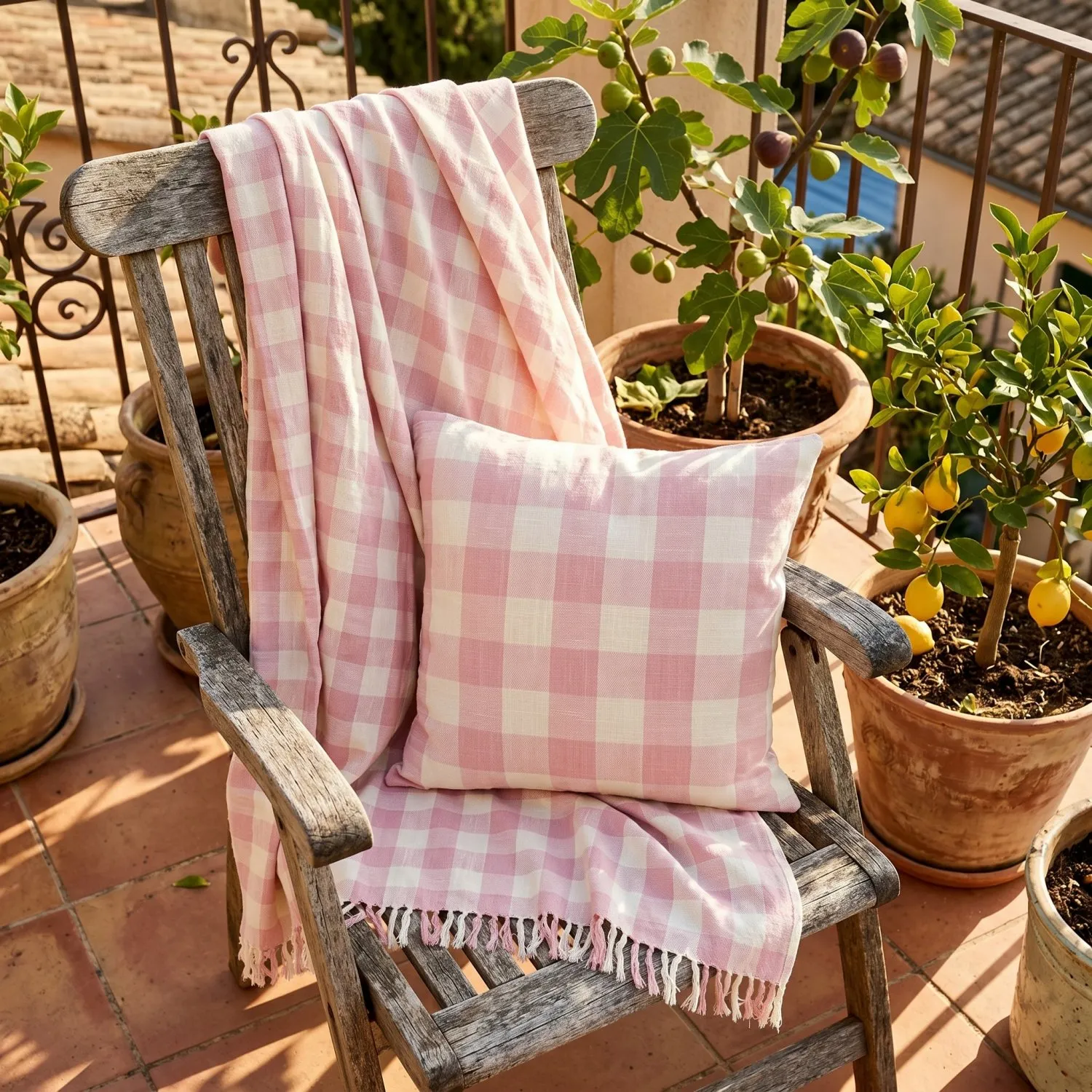 Poszewka na poduszke - Isela check cotton cushion cover (kremowy/różowy)