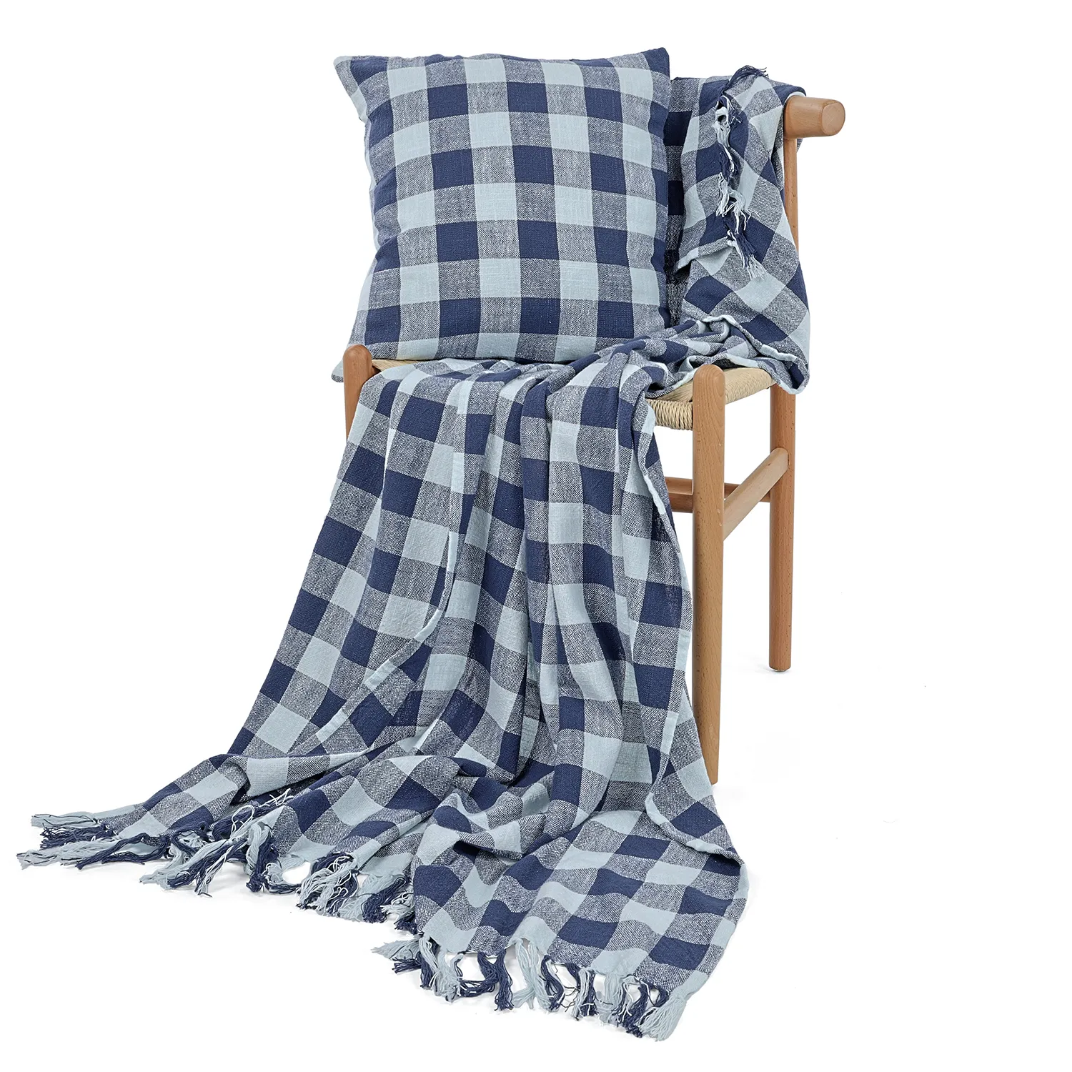 Koce - Isela check cotton throw (granatowy/jasnoniebieski)