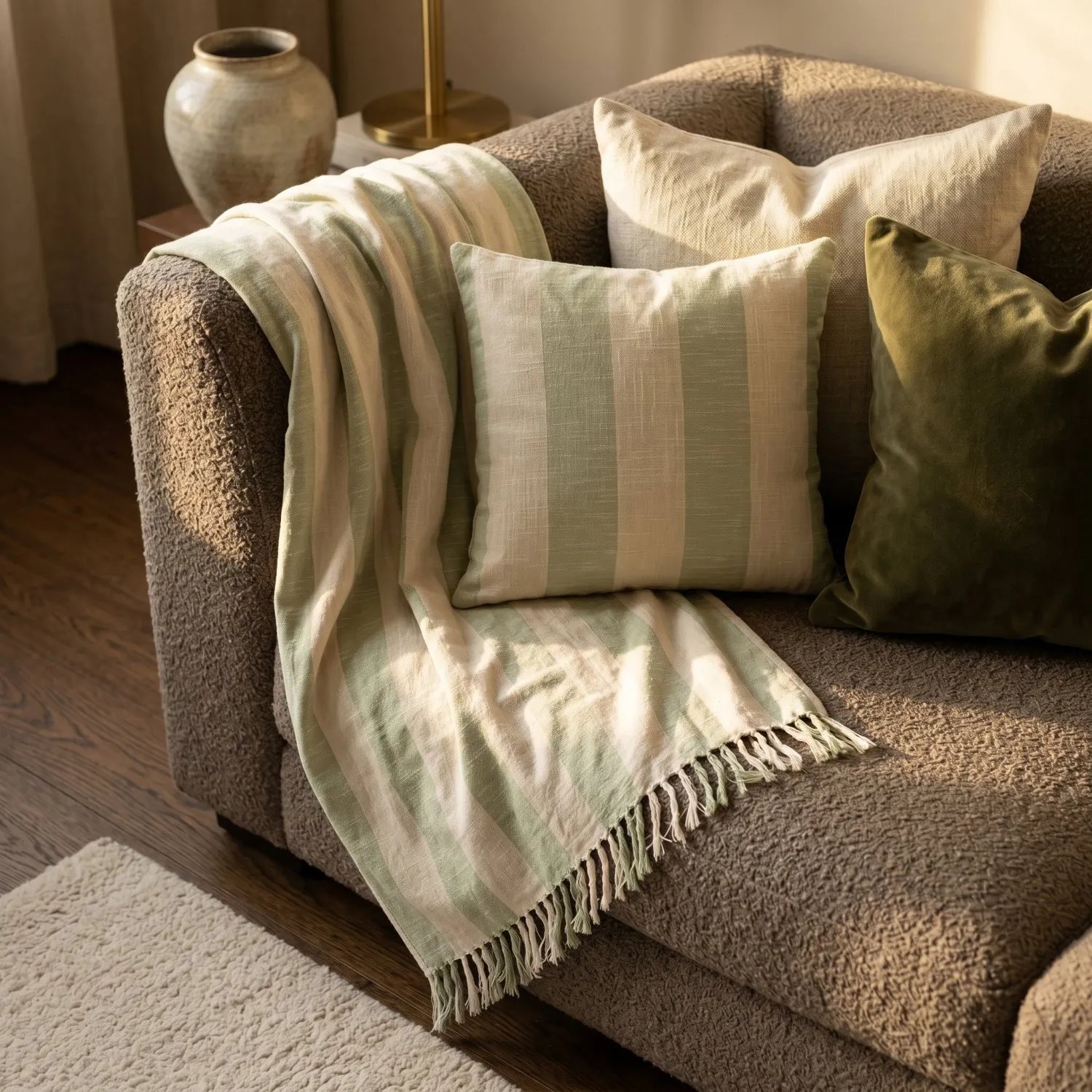 Poszewka na poduszke - Kora stripe cotton cushion cover (kremowy/jasnozielony)
