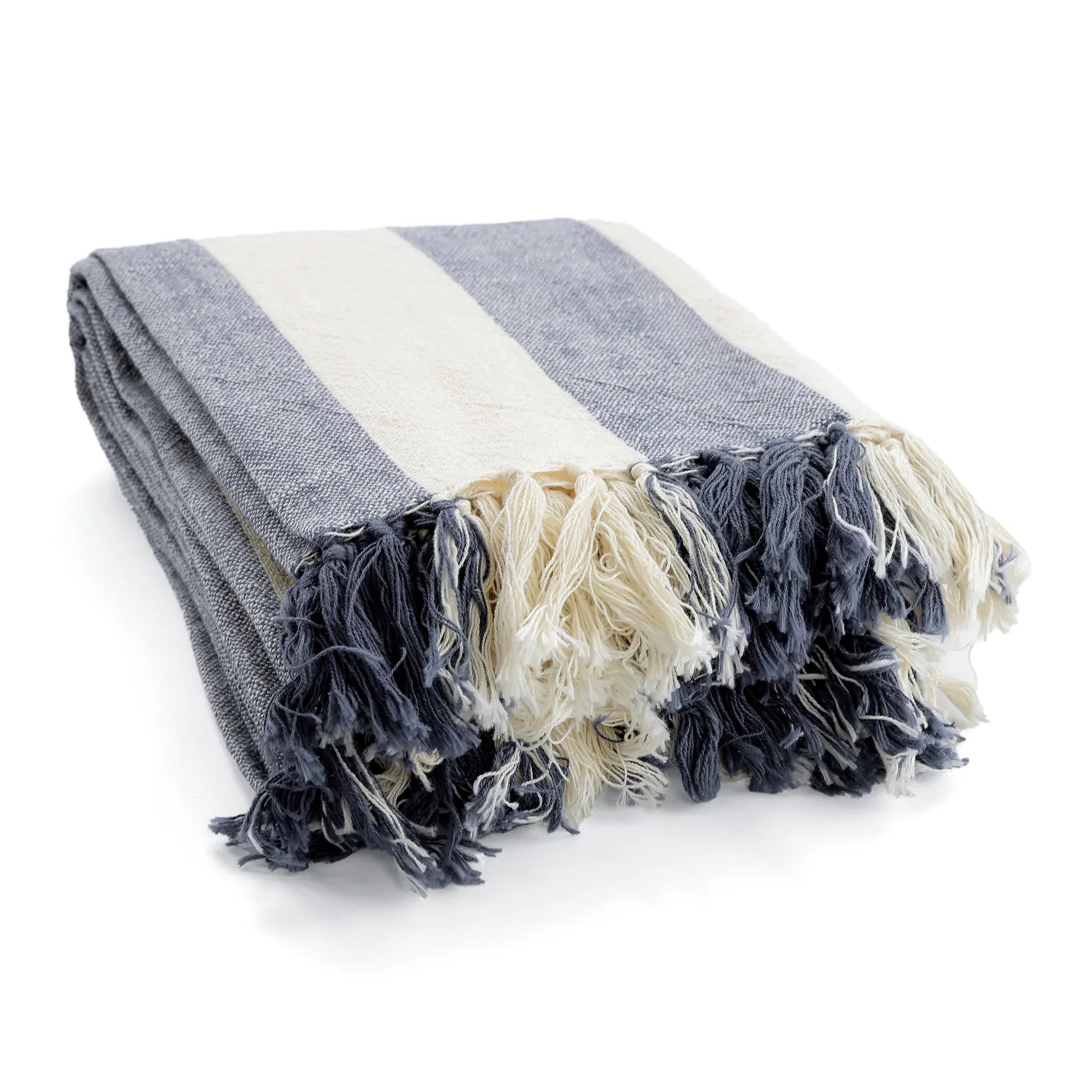 Koce - Kora stripe cotton throw (kremowy/granatowy)
