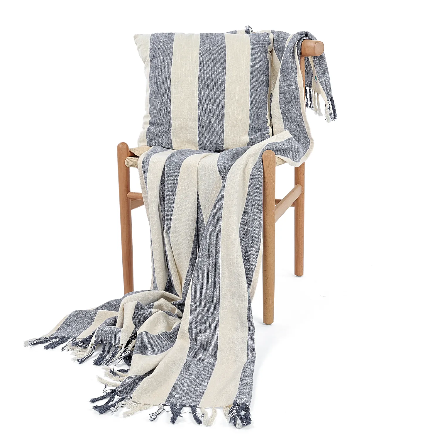 Koce - Kora stripe cotton throw (kremowy/granatowy)