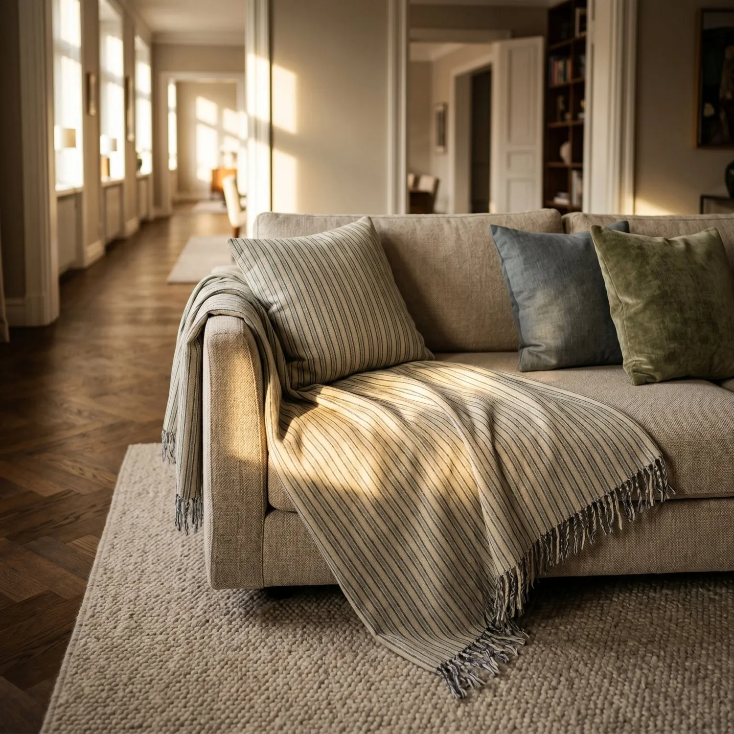 Poszewka na poduszke - Rumi stripe cotton cushion cover (kremowy/granatowy/jasnozielony)