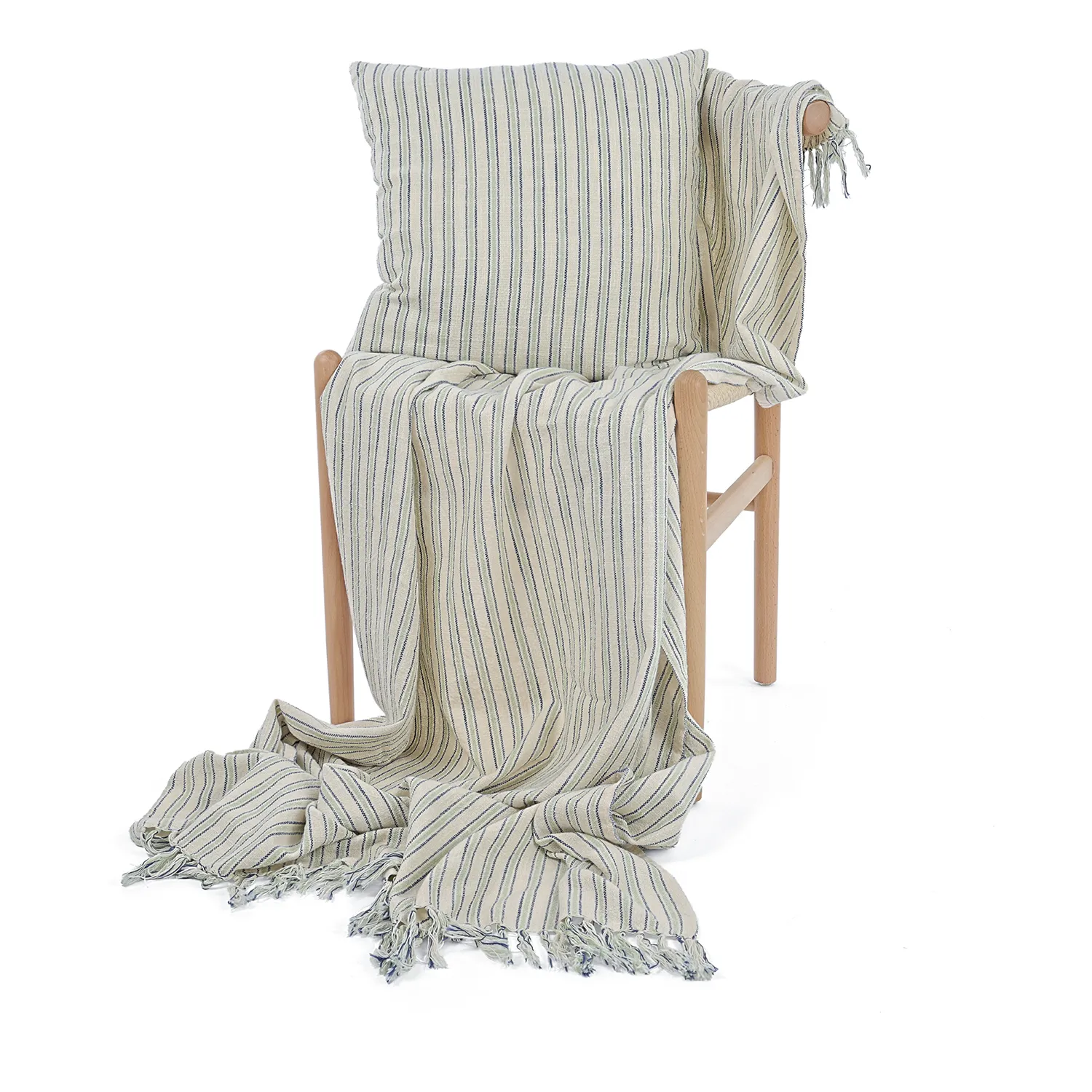 Poszewka na poduszke - Rumi stripe cotton cushion cover (kremowy/granatowy/jasnozielony)