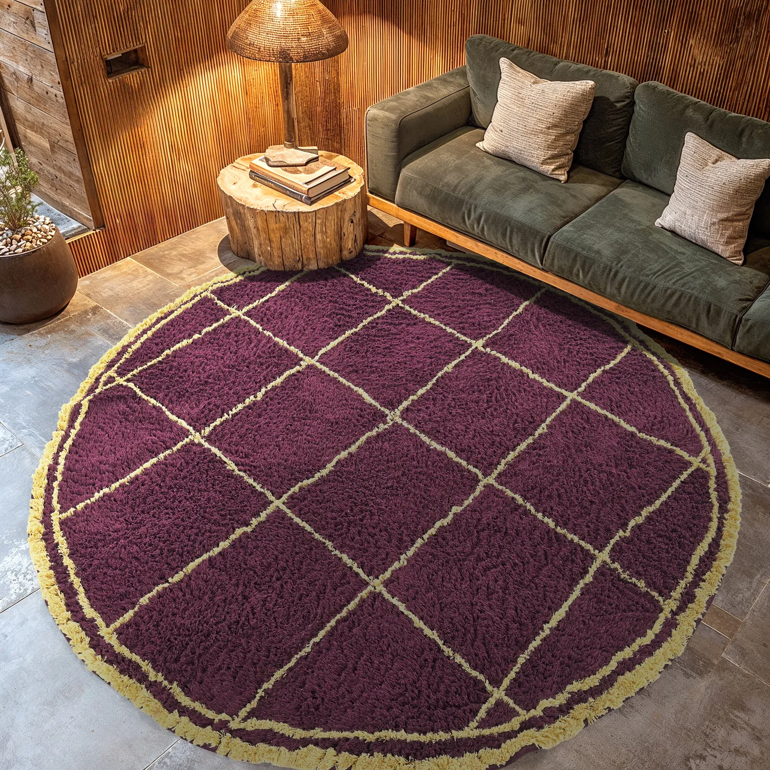 Okrągły dywan - Lana Natural Cotton Shaggy (bordowy/żółty)