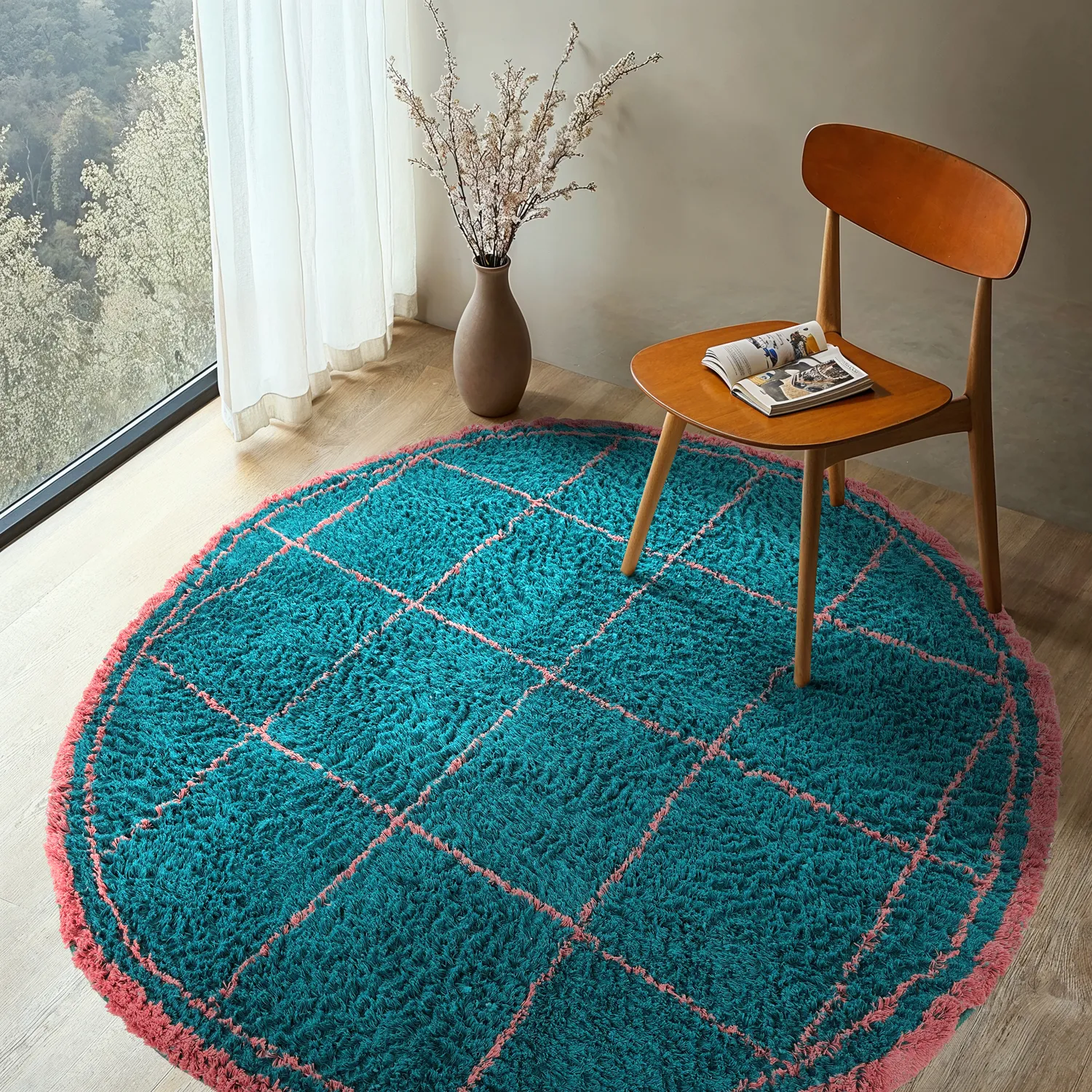 Okrągły dywan - Lana Natural Cotton Shaggy (turkusowy/różowy)