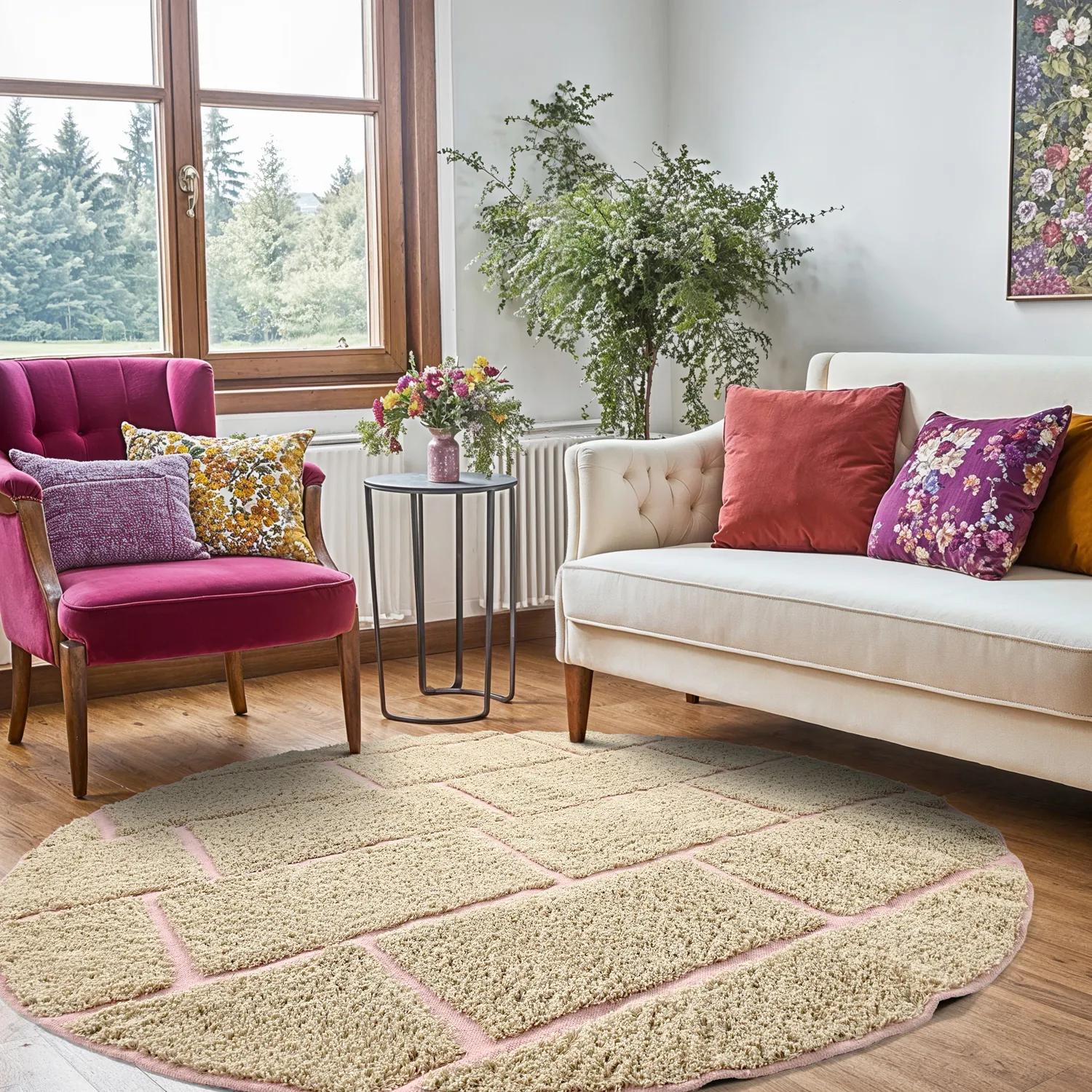 Okrągły dywan - Lindley Natural Cotton Shaggy (beżowy/różowy)