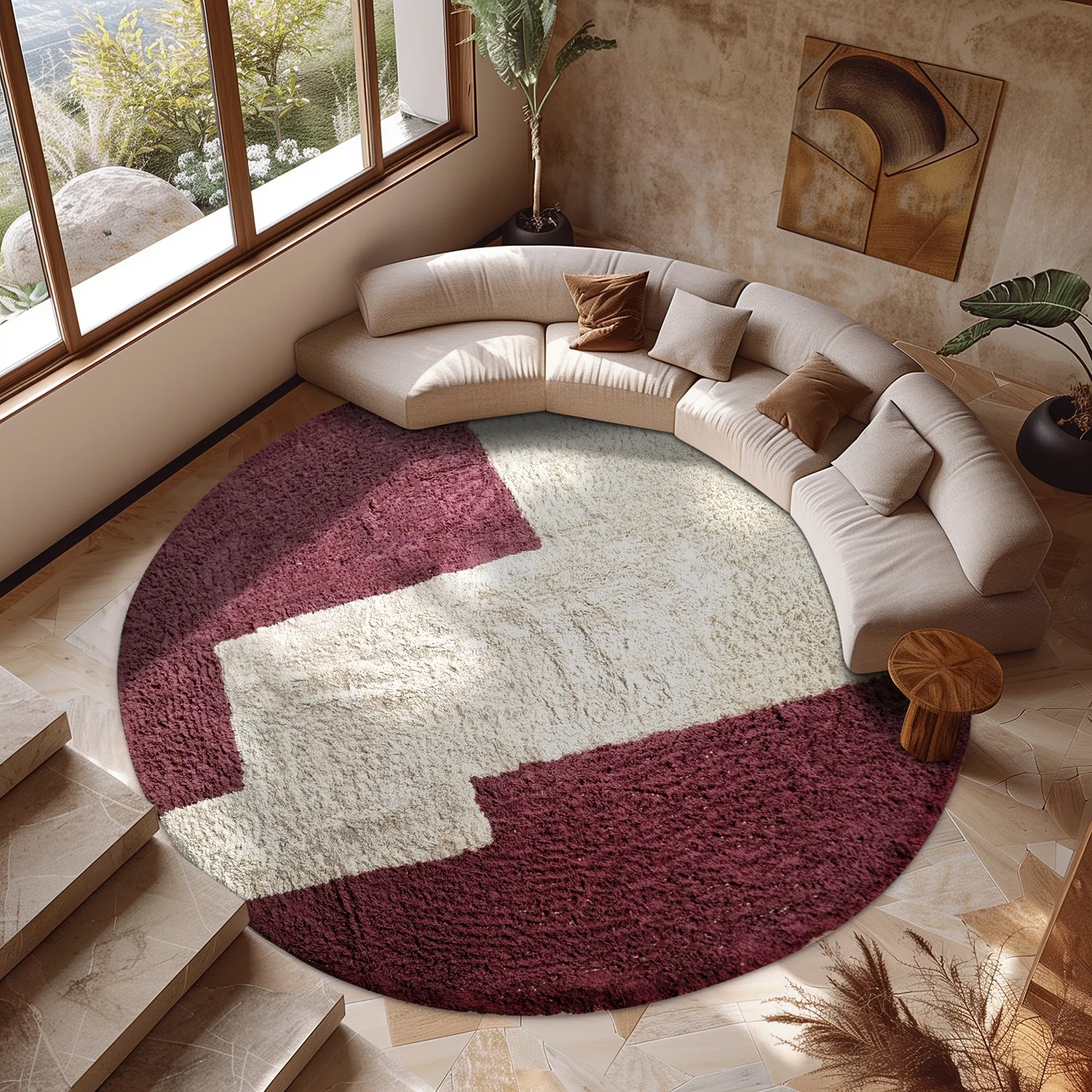Okrągły dywan - Ricco Natural Cotton Shaggy (offwhite/burgundia)