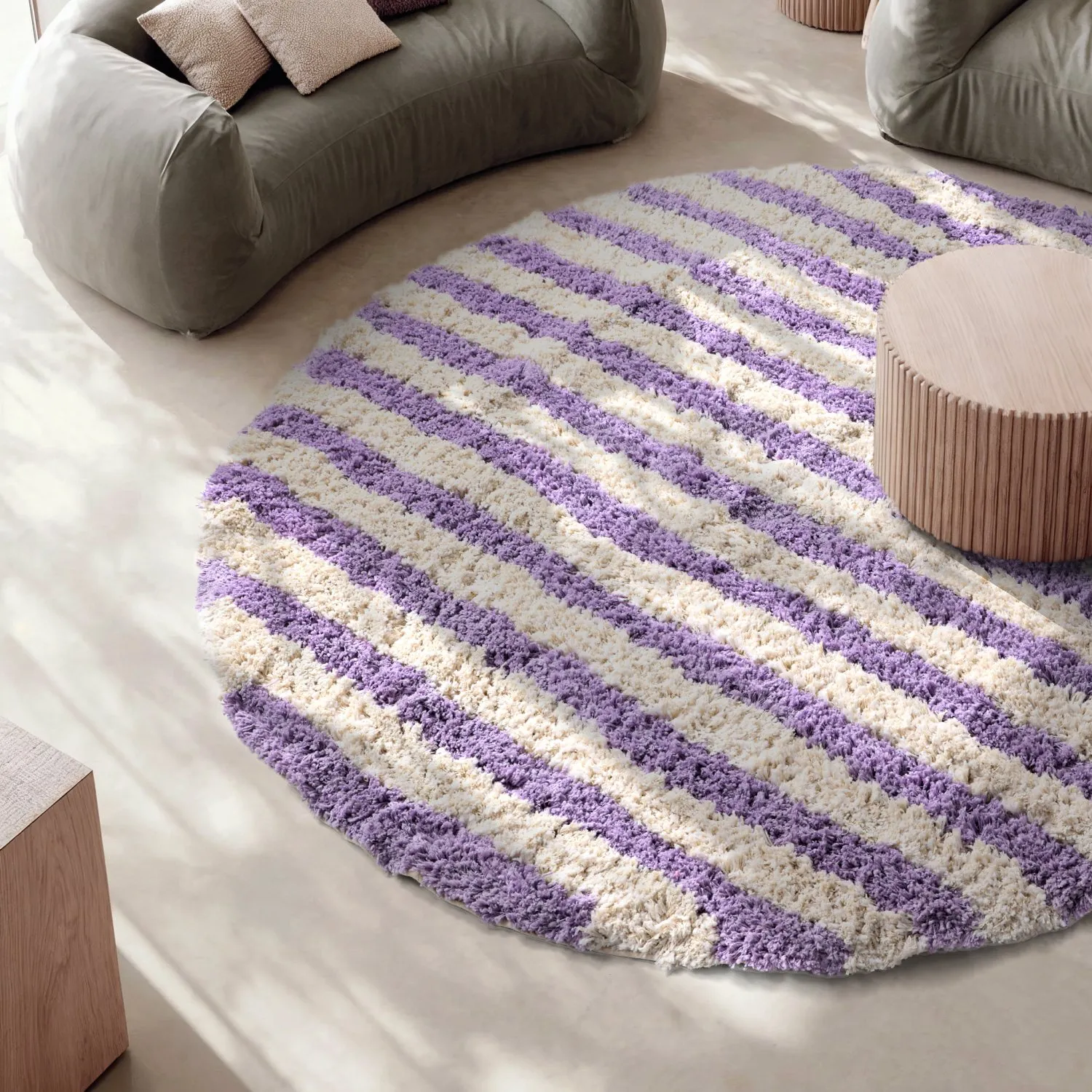 Okrągły dywan - Thira Stripe Cotton Shaggy (krem/jasnofioletowy)