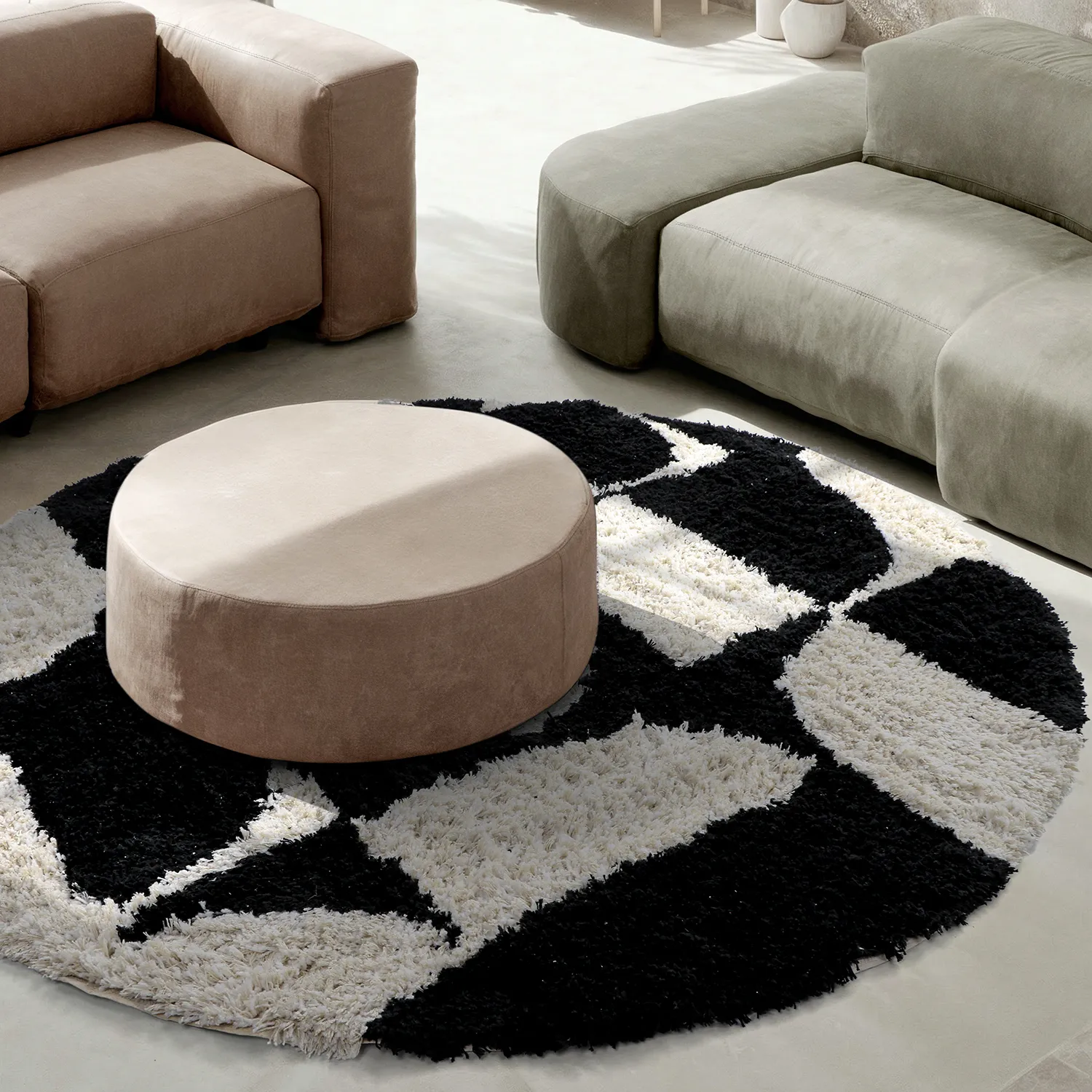 Okrągły dywan - Marvao Natural Cotton Shaggy (złamana biel/czarny)