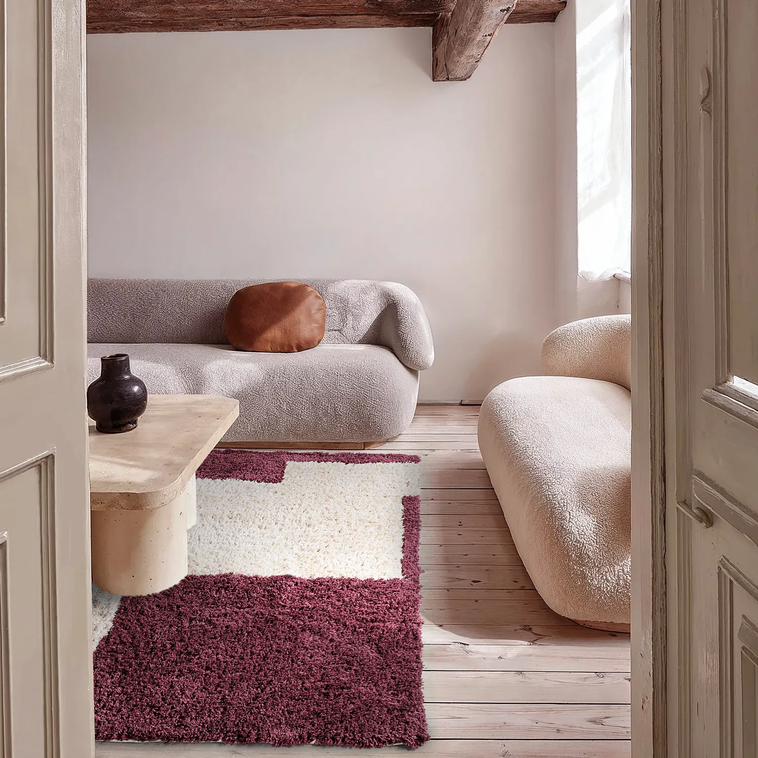 Dywany shaggy - Begur Natural Cotton Shaggy (złamana biel/bordowy)