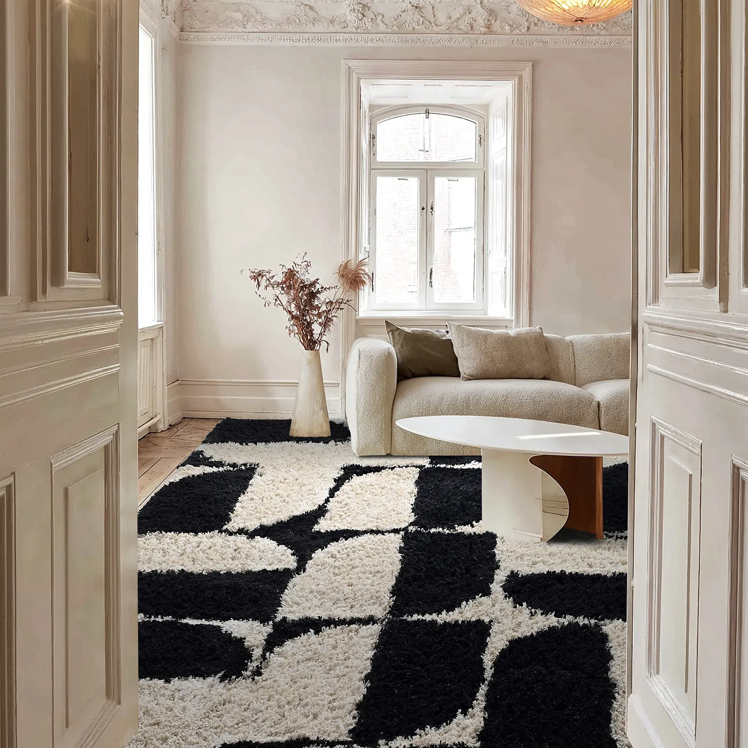 Dywany shaggy - Marvao Natural Cotton Shaggy (złamana biel/czarny)