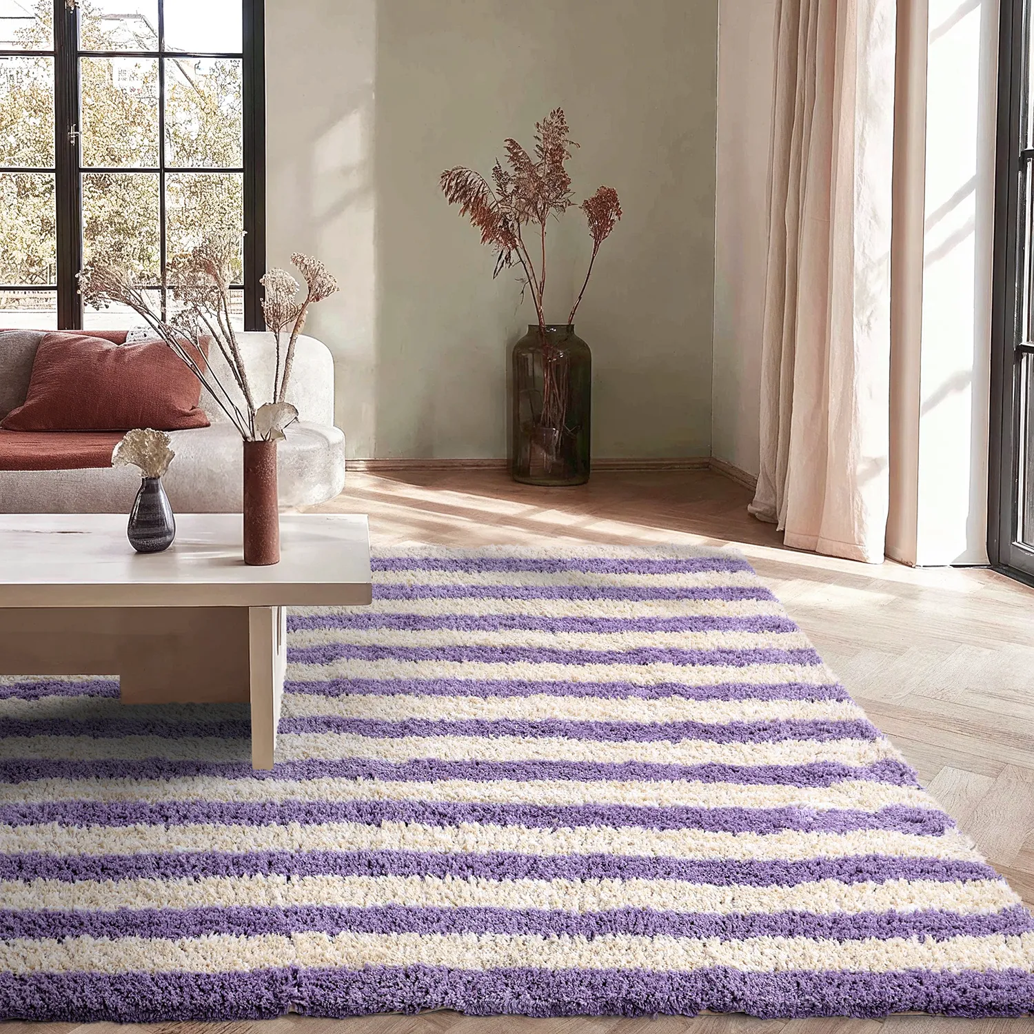 Dywany shaggy - Thira Stripe Cotton Shaggy (krem/jasnofioletowy)