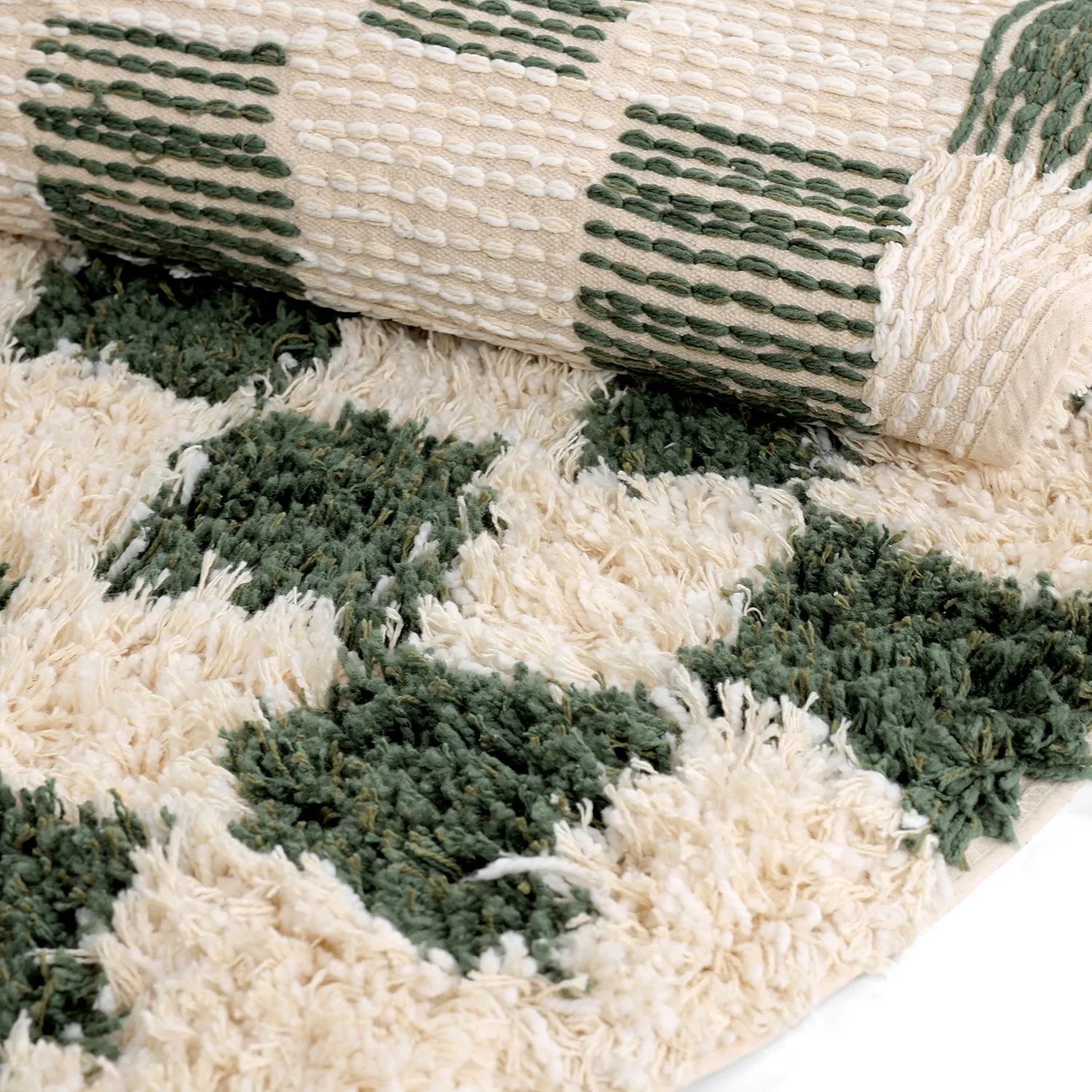Okrągły dywan - Methoni Check Cotton Shaggy (krem/zielony)