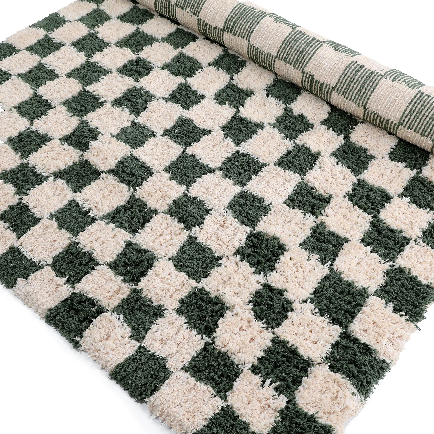 Dywany shaggy - Methoni Check Cotton Shaggy (krem/zielony)