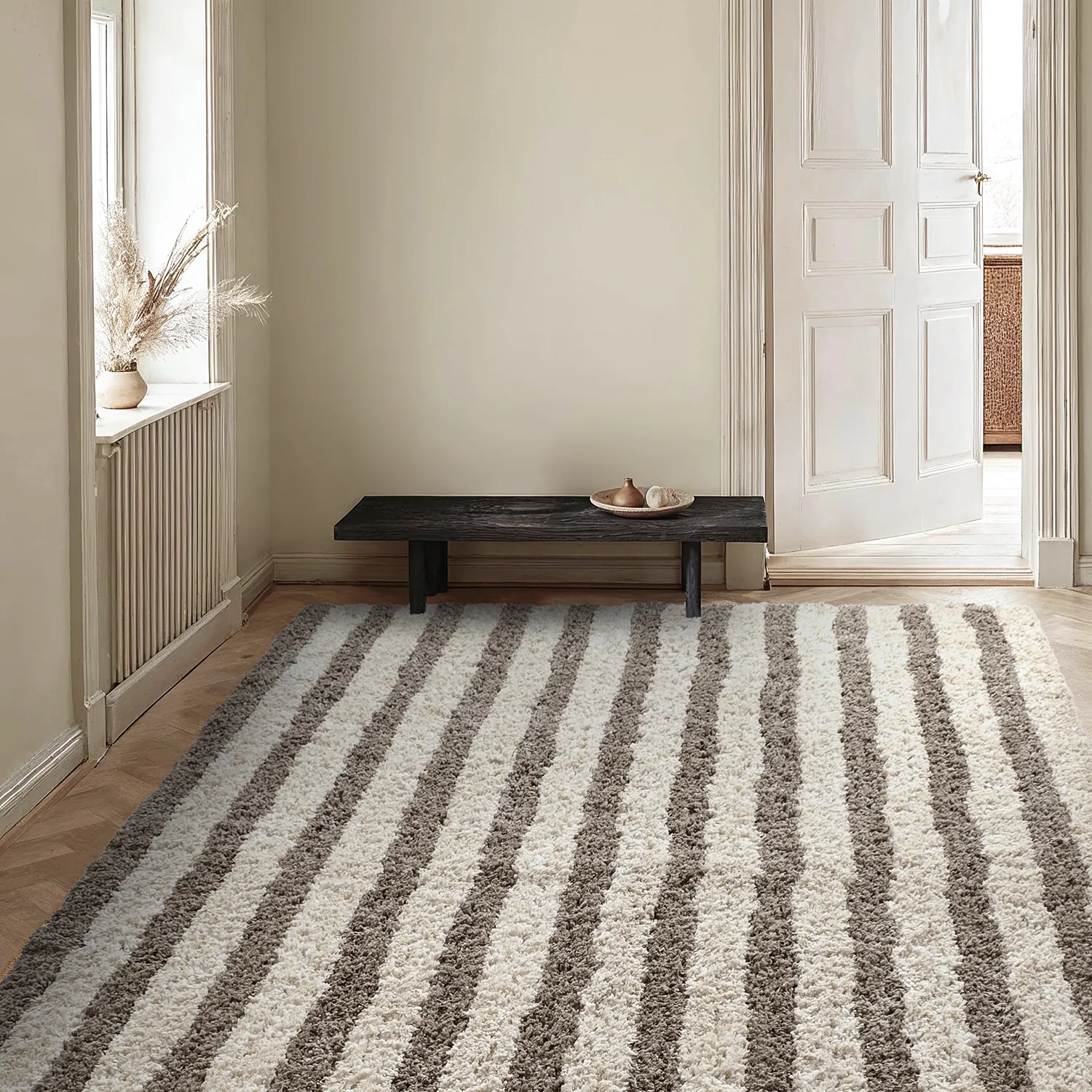 Dywany shaggy - Thira Stripe Cotton Shaggy (kremowy/taupe)