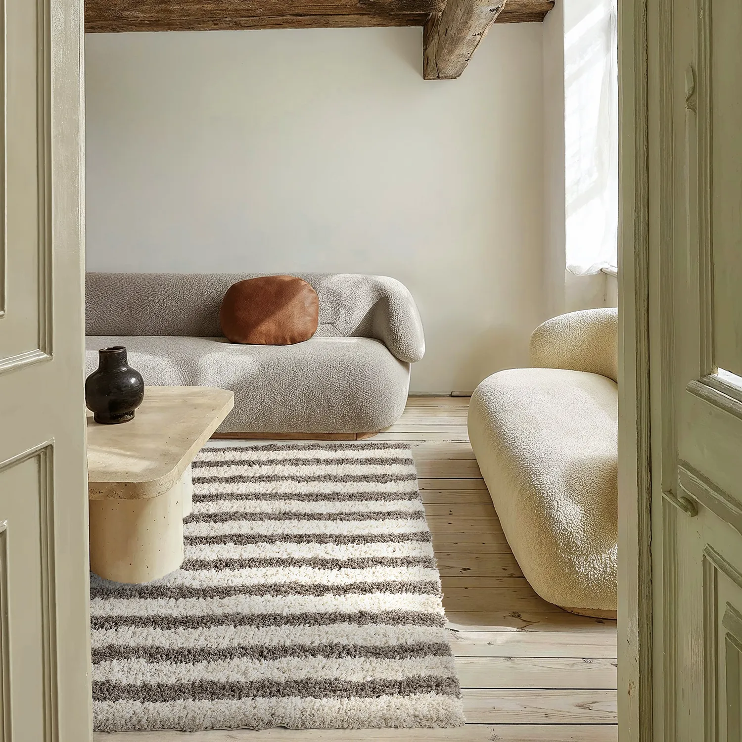 Dywany shaggy - Thira Stripe Cotton Shaggy (kremowy/taupe)